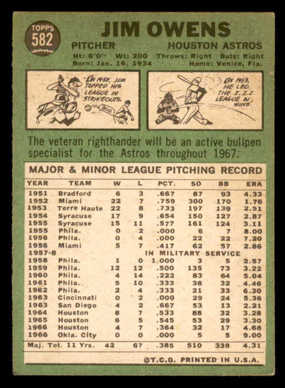 1967 Topps Baseball #582 Jim Owens Astros VG-EX 566083