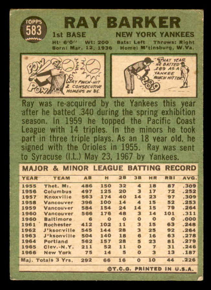1967 Topps Baseball #583 Ray Barker Yankees VG-EX 566085