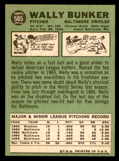 1967 Topps Baseball #585 Wally Bunker Orioles NR-MT 566088