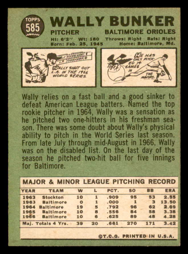 1967 Topps Baseball #585 Wally Bunker Orioles NR-MT 566089