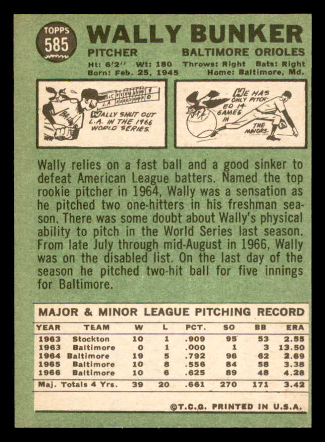 1967 Topps Baseball #585 Wally Bunker Orioles EX-MT 566090
