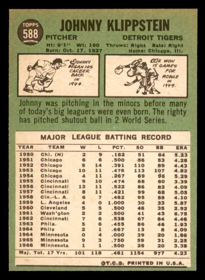 1967 Topps Baseball #588 Johnny Klippstein Tigers NR-MT 566098