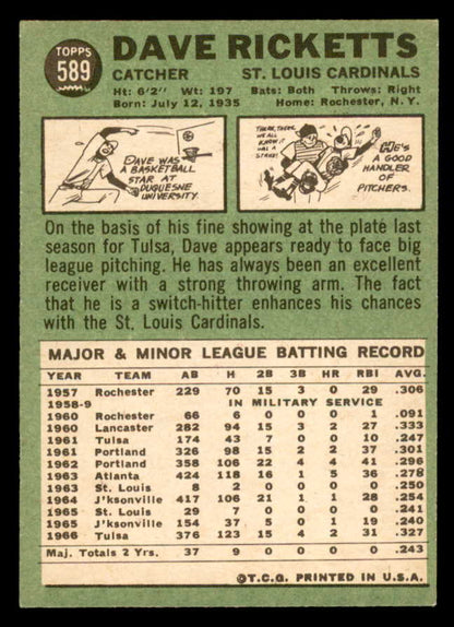 1967 Topps Baseball #589 Dave Ricketts Cardinals EX-MT 566101