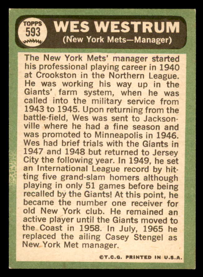 1967 Topps Baseball #593 Wes Westrum Mets NR-MT 566113