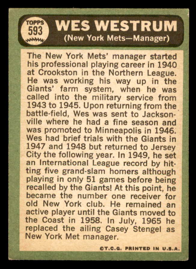 1967 Topps Baseball #593 Wes Westrum Mets VG-EX 566114