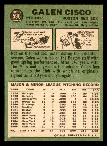 1967 Topps Baseball #596 Galen Cisco Red Sox EX 566121