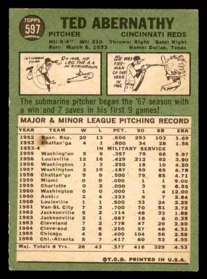 1967 Topps Baseball #597 Ted Abernathy Reds EX 566126