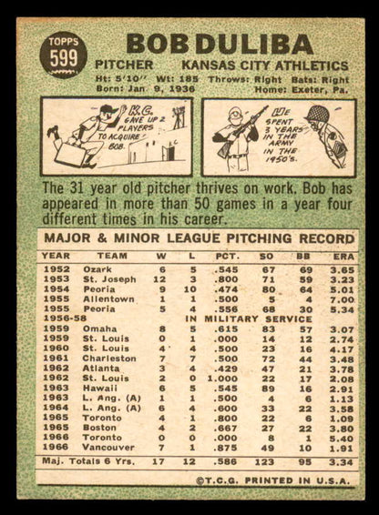 1967 Topps Baseball #599 Bob Duliba A's EX-MT 566131