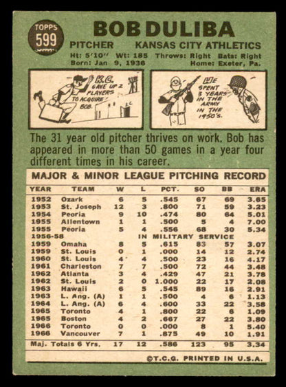 1967 Topps Baseball #599 Bob Duliba A's VG 566132
