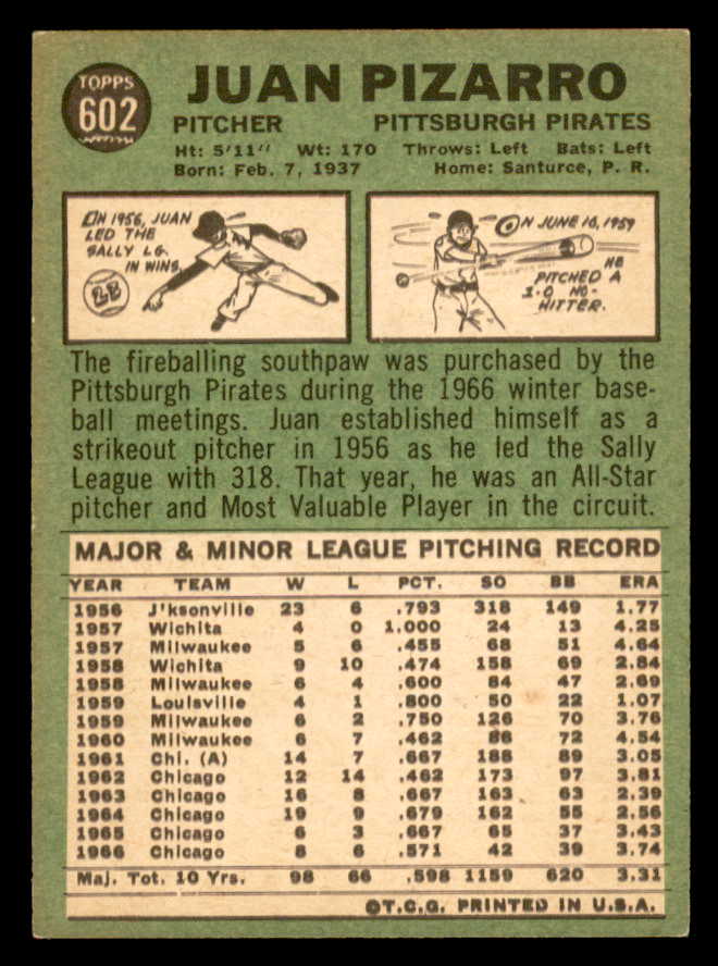 1967 Topps Baseball #602 Juan Pizarro Pirates EX 566138