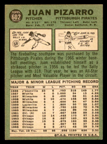 1967 Topps Baseball #602 Juan Pizarro Pirates EX 566138