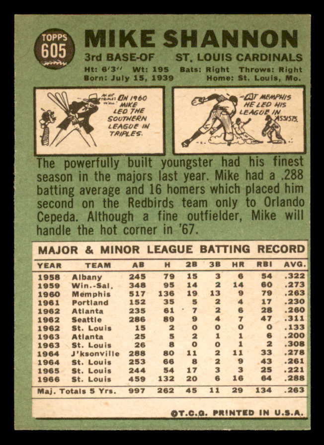 1967 Topps Baseball #605 Mike Shannon Cardinals NR-MT 566145