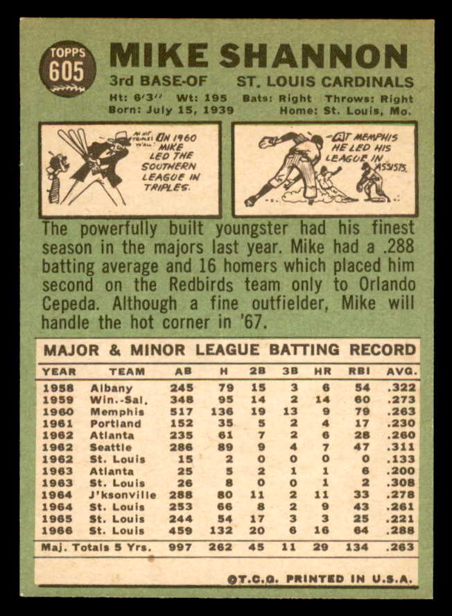 1967 Topps Baseball #605 Mike Shannon Cardinals NR-MT 566146