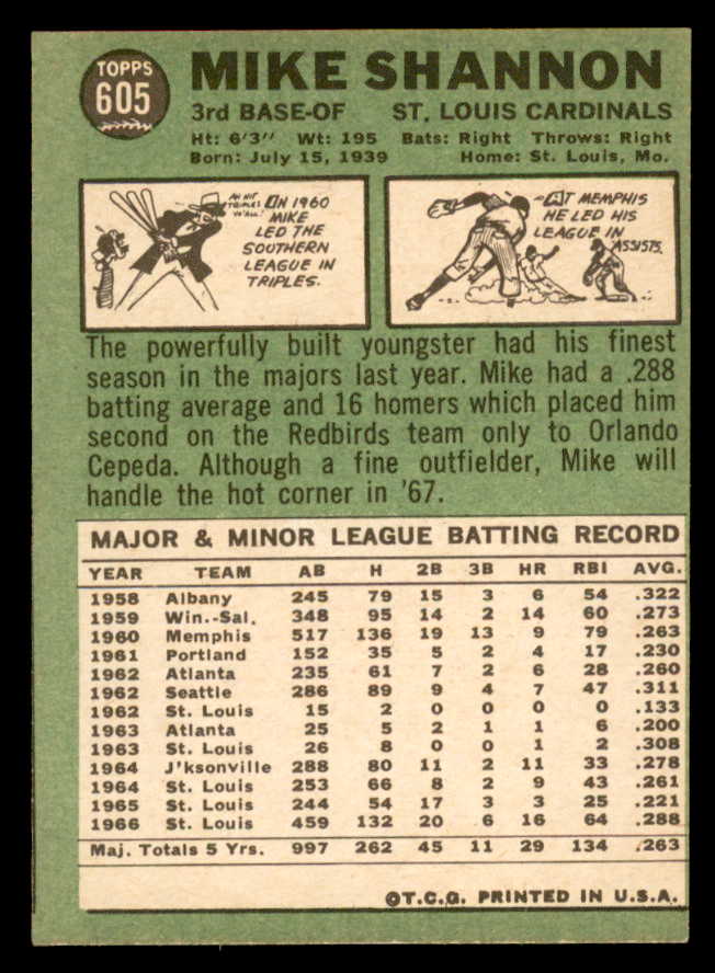 1967 Topps Baseball #605 Mike Shannon Cardinals EX 566147