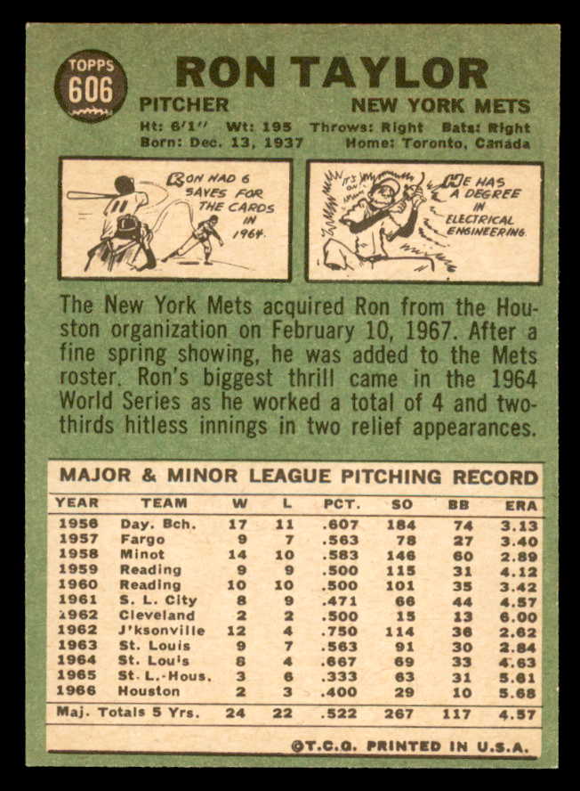 1967 Topps Baseball #606 Ron Taylor Mets NR-MT 566148