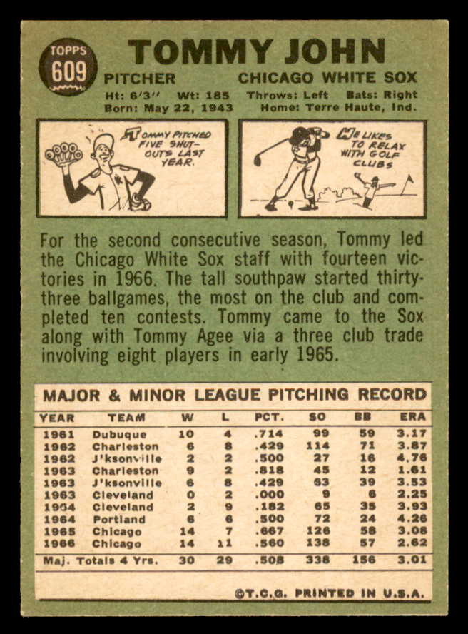 1967 Topps Baseball #609 Tommy John White Sox EX-MT 566158