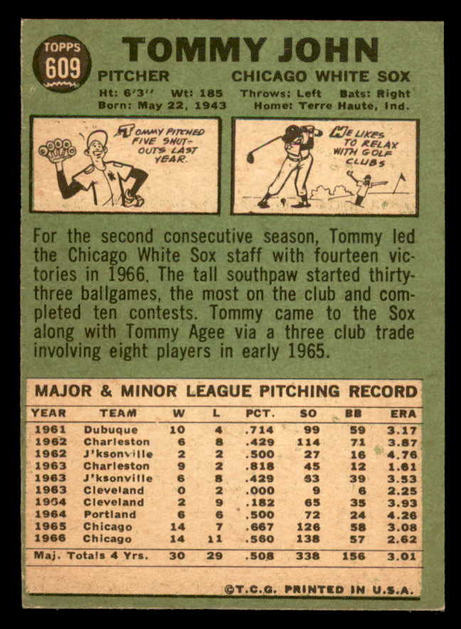 1967 Topps Baseball #609 Tommy John White Sox VG-EX 566160