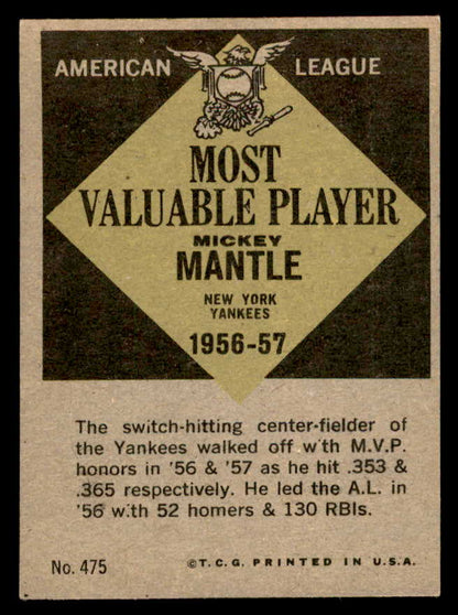 1961 Topps Baseball #475 Mickey Mantle MVP Yankees VG-EX back crease 566161