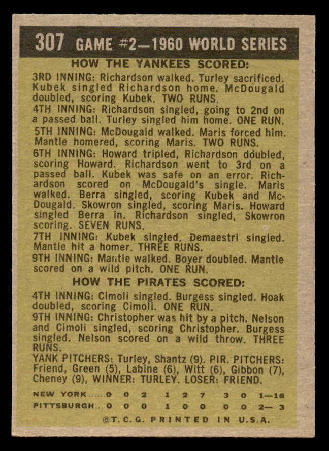 1961 Topps Baseball #307 World Series Game 2 Mickey Mantle EX 566162
