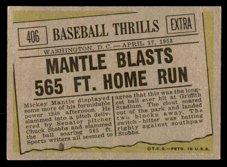 1961 Topps Baseball #406 Mickey Mantle IA Yankees EX+ 566163