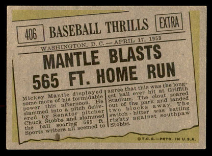 1961 Topps Baseball #406 Mickey Mantle IA Yankees EX+ 566163