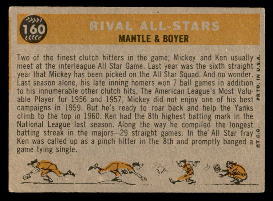 1960 Topps Baseball #160 Mickey Mantle Ken Boyer VG-EX 566167