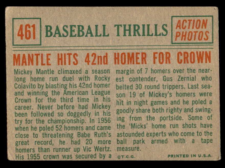 1959 Topps Baseball #461 Mickey Mantle IA Yankees VG-EX 566168