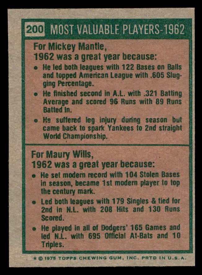 1975 Topps Baseball #200 Mickey Mantle Maury Wills EX-MT 566172
