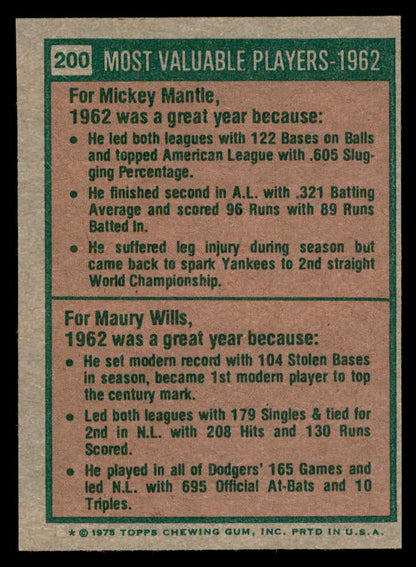 1975 Topps Baseball #200 Mickey Mantle Maury Wills EX-MT 566172