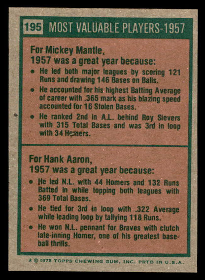 1975 Topps Baseball #195 Mickey Mantle Hank Aaron NR-MT 566173
