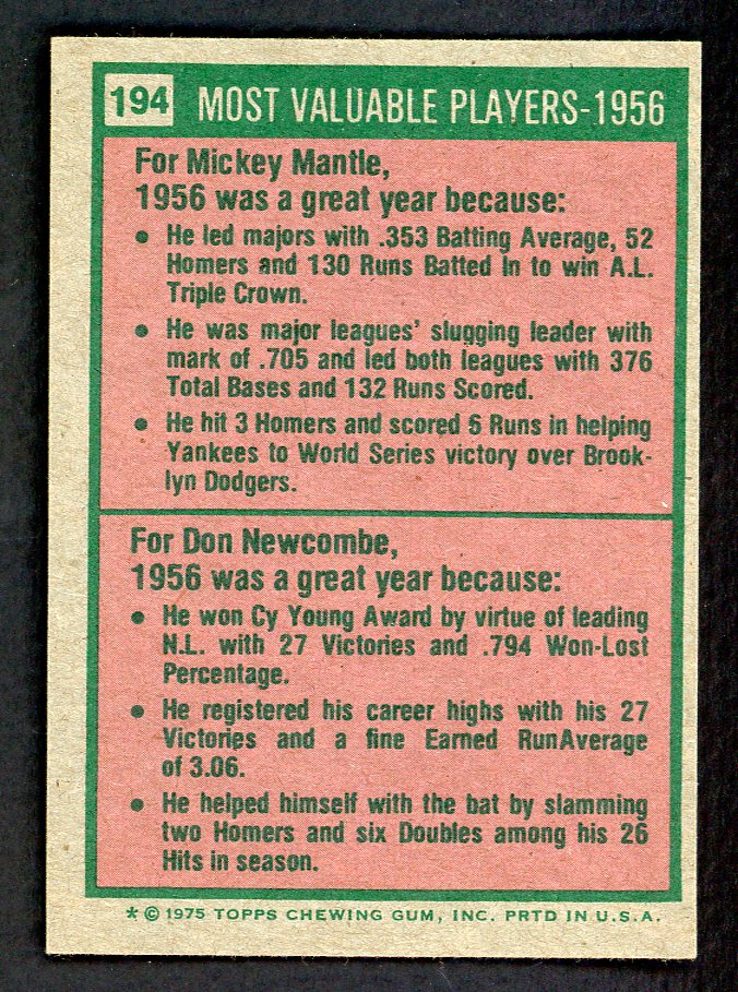 1975 Topps Baseball #194 Mickey Mantle Don Newcombe EX-MT 566175
