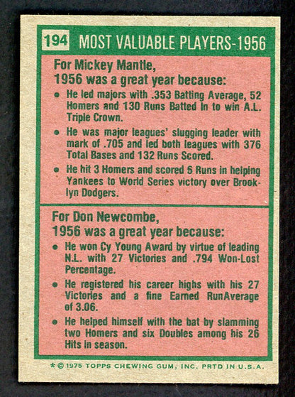 1975 Topps Baseball #194 Mickey Mantle Don Newcombe EX-MT 566175