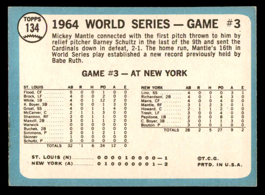 1965 Topps Baseball #134 World Series Game 3 Mickey Mantle EX-MT 566178