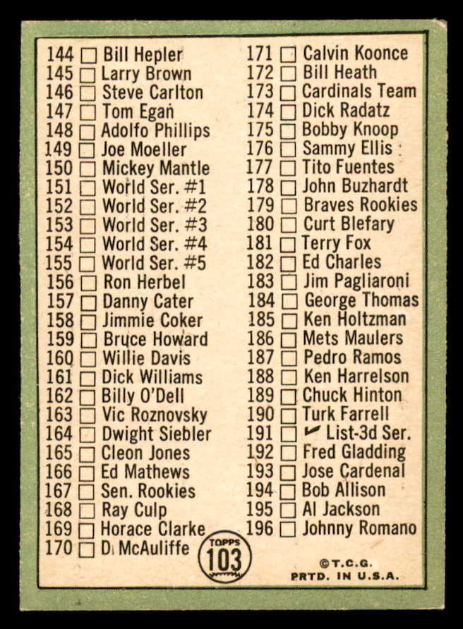 1967 Topps Baseball #103 Checklist 2 Mickey Mantle EX-MT 566179