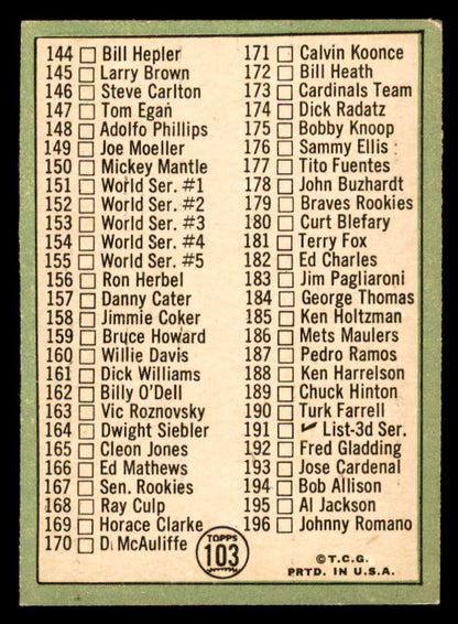 1967 Topps Baseball #103 Checklist 2 Mickey Mantle EX-MT 566179
