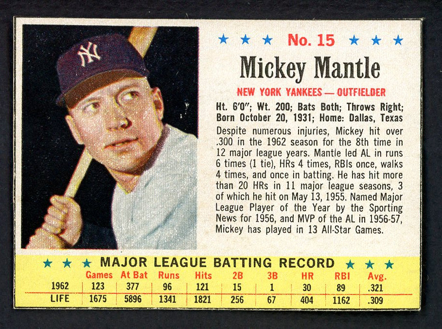 1963 Post Baseball # 15 Mickey Mantle Yankees Good tape back 566181