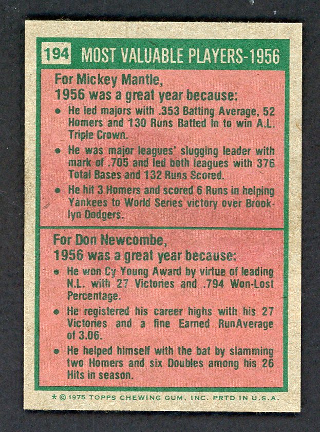 1975 Topps Mini Baseball #194 Mickey Mantle Don Newcombe NR-MT 566184