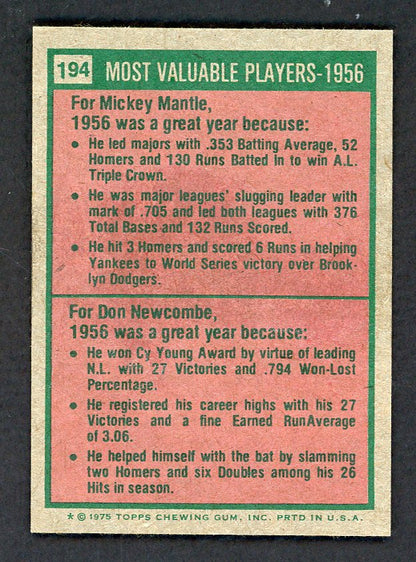 1975 Topps Mini Baseball #194 Mickey Mantle Don Newcombe NR-MT 566184