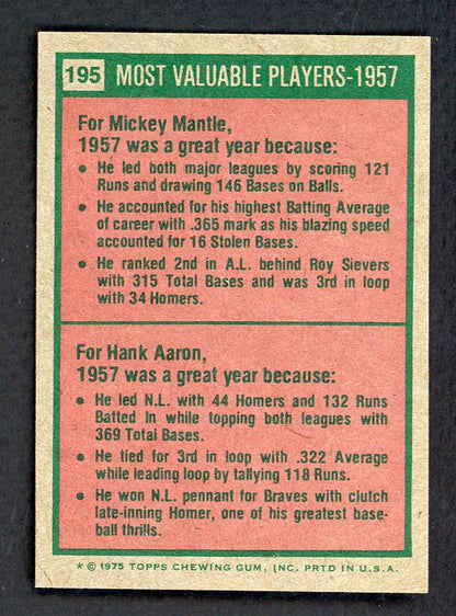 1975 Topps Mini Baseball #195 Mickey Mantle Hank Aaron NR-MT 566185