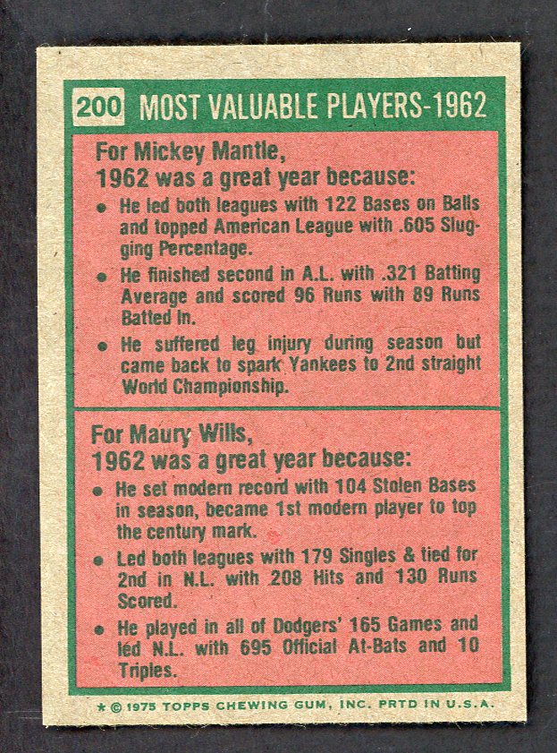 1975 Topps Mini Baseball #200 Mickey Mantle Maury Wills NR-MT 566186