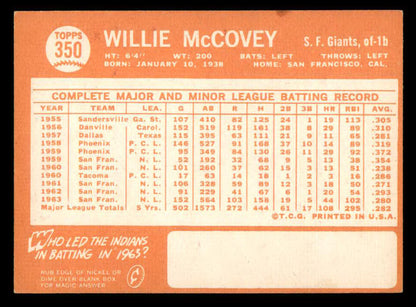 1964 Topps Baseball #350 Willie McCovey Giants VG-EX 566199