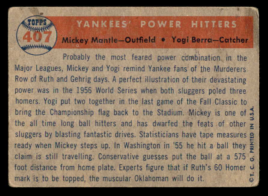 1957 Topps Baseball #407 Mickey Mantle Yogi Berra VG 566207