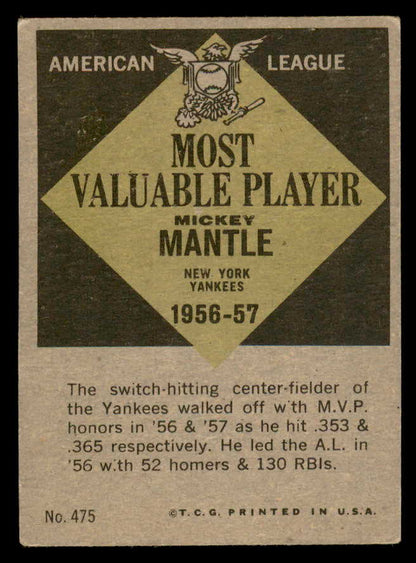 1961 Topps Baseball #475 Mickey Mantle MVP Yankees VG 566208