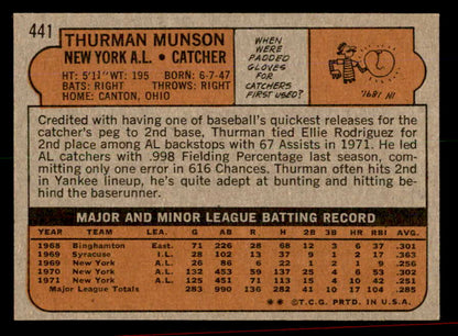 1972 Topps Baseball #441 Thurman Munson Yankees NR-MT 566217