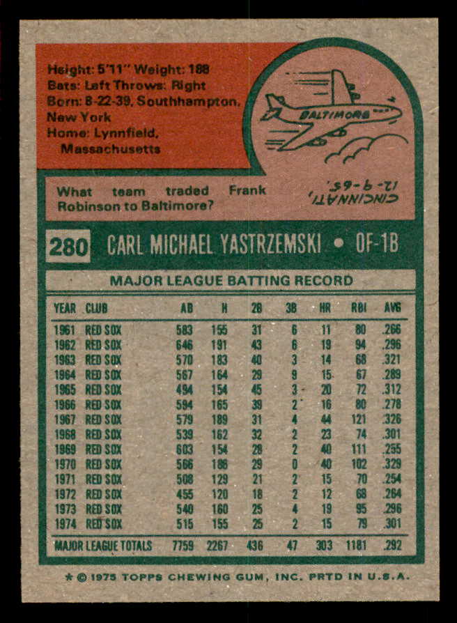1975 Topps Baseball #280 Carl Yastrzemski Red Sox NR-MT 566225