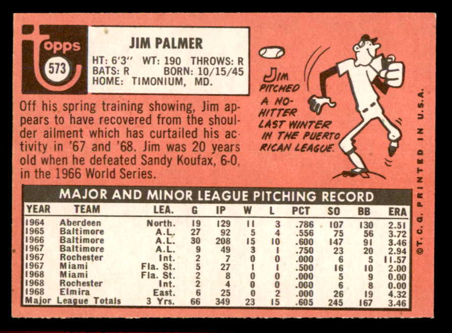 1969 Topps Baseball #573 Jim Palmer Orioles NR-MT 566230
