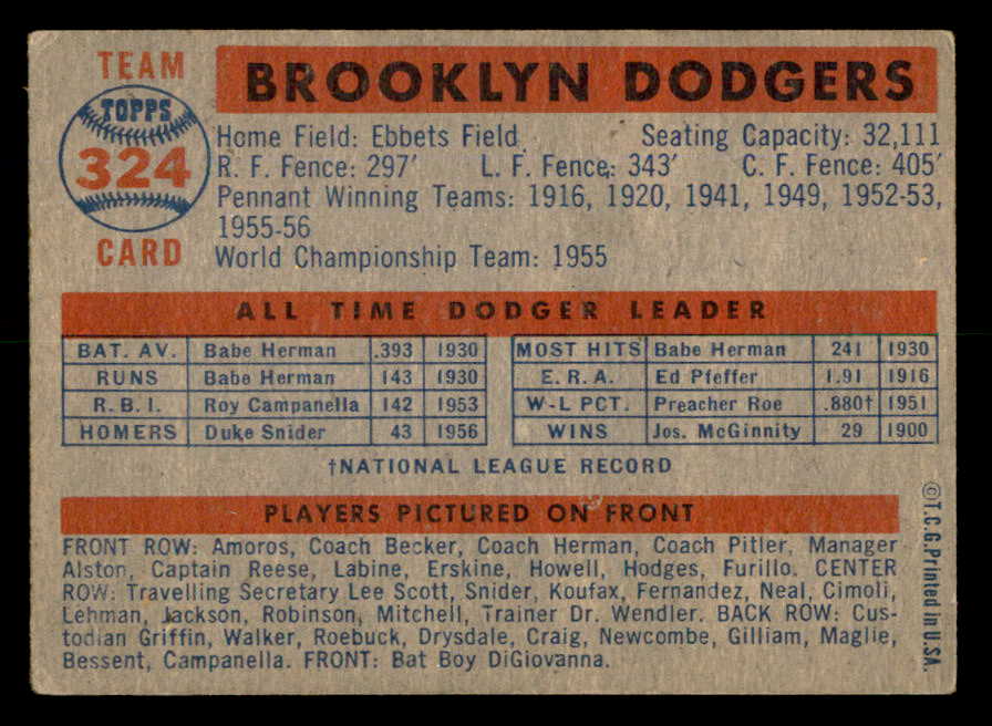 1957 Topps Baseball #324 Brooklyn Dodgers Team VG 566253
