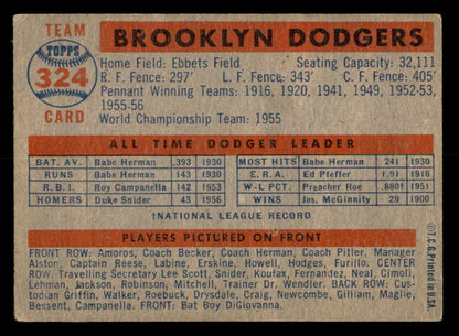 1957 Topps Baseball #324 Brooklyn Dodgers Team VG 566253