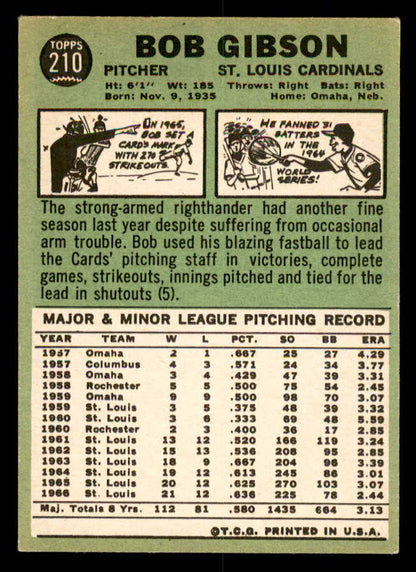1967 Topps Baseball #210 Bob Gibson Cardinals VG-EX 566257