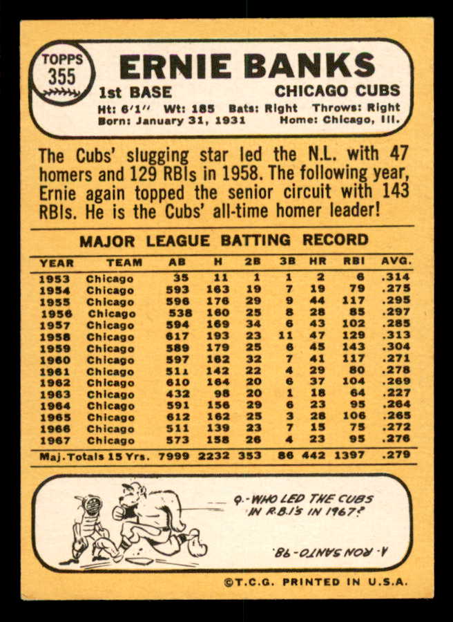1968 Topps Baseball #355 Ernie Banks Cubs NR-MT 566260